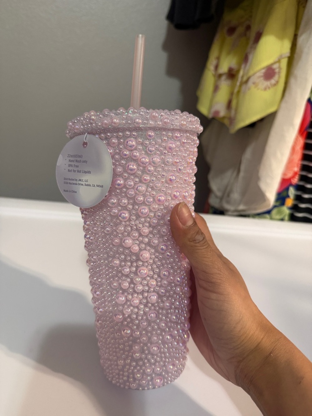 Pink Pearl Beaded Tumbler with Straw